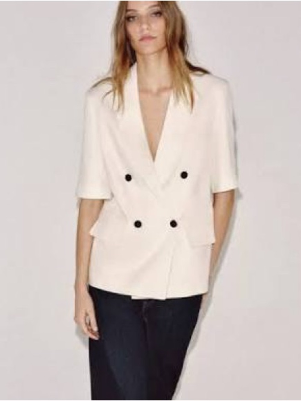Zara Short Sleeve Linen Double-breasted Blazer Jacket 2713/945 Ecru